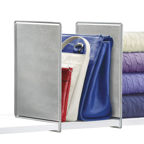 Set Of 2 Shelf Dividers For Closet Organization And Linen Storage Easy Slide Towel And Linen Dividers Space Saving Linen Closet Organizer Keeps Pants And Towels Neat Platinum Finish holding colorful bags and towels