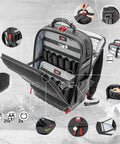 Modular X18 Tool Backpack With 21 Loops And 37 Pockets, Waterproof Molded Shell For Upright Opening, multiple compartments visible