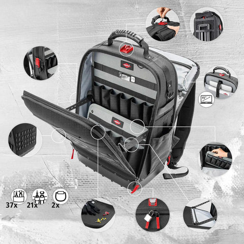 Modular X18 Tool Backpack With 21 Loops And 37 Pockets, Waterproof Molded Shell For Upright Opening, multiple compartments visible