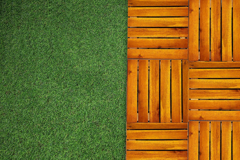 Tool Free Interlocking Artificial Turf Deck Tiles 12x12 Inches Set of 8 for Patio Balcony and Backyard alongside wooden deck tiles.