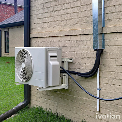 Heavy Duty Outdoor Mini Split Mount Bracket With Crossbar And L Shaped Brackets For Ductless Condensers And Heat Pumps 440 Lb Capacity Hardware Included Level Your Setup in use on an exterior brick wall.