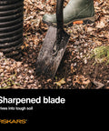 Beefy Heavy Duty Garden Shovel With Straight Handle For Digging In Tough Soil showing sharpened blade in rocky ground.