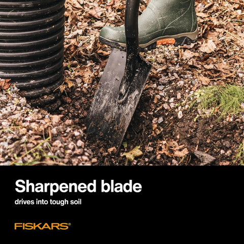 Beefy Heavy Duty Garden Shovel With Straight Handle For Digging In Tough Soil showing sharpened blade in rocky ground.