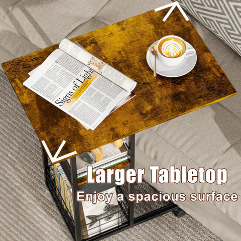 C Shaped Side Table With Charging Station And Wheels For Bedroom Living Room And Home Office Type C USB Ports And Two AC Outlets To Charge Up To Four Devices Plug And Play with a spacious tabletop holding a coffee cup and magazine