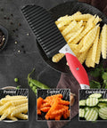 Crinkle-cut knife with red rubber handle and stainless steel wave blade for slicing fries and vegetables.