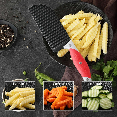 Crinkle-cut knife with red rubber handle and stainless steel wave blade for slicing fries and vegetables.