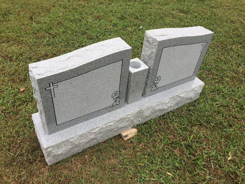 Custom Engraved Two Person Cemetery Memorial With Center Vase, Granite Headstone Double Monument, Companion Wing Upright Grave Marker For Loved Ones, Names And Dates Engraving With Proofs Included - Full view from above