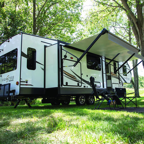 RV with slide-out extended, showcasing In Wall RV Slide Out Triple Rack Repair Kit with hook racks and rollers in use.