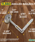 Angled Railbolt Handrail To Newel Post Connector Kit with dimension labels for easy lower connection, shown on wood floor.