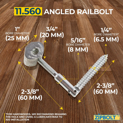 Angled Railbolt Handrail To Newel Post Connector Kit with dimension labels for easy lower connection, shown on wood floor.