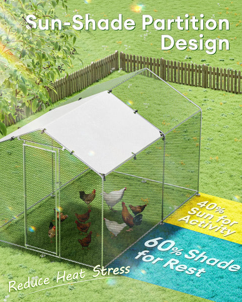 Beefy Metal Chicken Coop For 9 To 13 Hens Outdoor Run With Heavy Duty Frame, showcasing sun shade partition and chickens inside