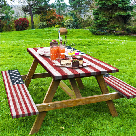 American Flag Picnic Table Cover Set With Elastic Waterproof Bench Covers For Outdoor Use Fits 72x30 Table And 72x12 Benches