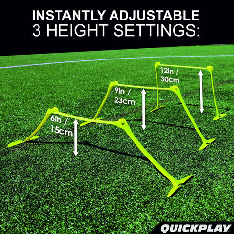 Adjustable Speed Hurdles Set Of 6 For Agility And Plyometrics, Three Heights 6, 9, 12 Inches, Quick Click Hurdle System on grass