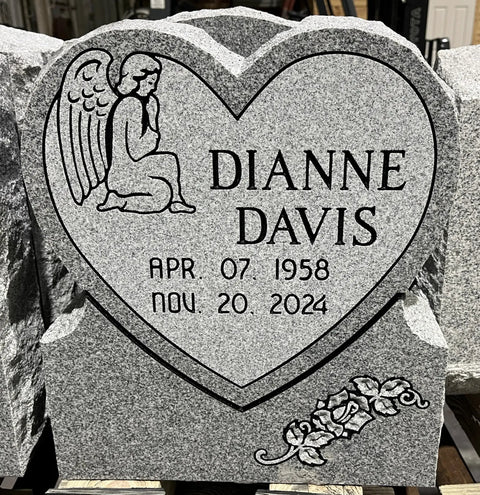 Heart Cemetery Memorial Headstone And Base With Two Design Options, Custom Engraved Gray Granite Upright Monument, Polished Die