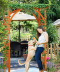 7Ft Wood Garden Arch Trellis For Climbing Plants And Ceremony Backdrop with dog and person in backyard setting