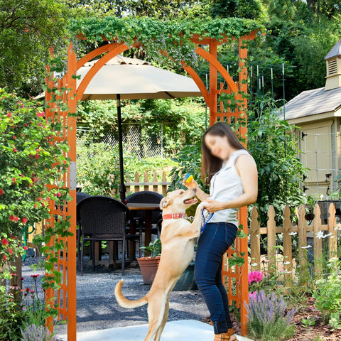 7Ft Wood Garden Arch Trellis For Climbing Plants And Ceremony Backdrop with dog and person in backyard setting