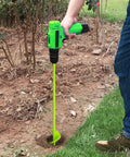 Person using compact 1.6 inch garden auger drill bit for precise planting at 16.5 inch length fits three eighths inch hex drive drills