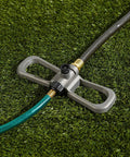 Port-A-Rain Above-Ground Sprinkler System for Flexible Yard Watering with hoses on grass, portable no-dig setup