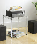 Heavy Duty Wire Shelving Unit With Metal Storage Shelves, 15x14x15 inch chromed steel shelf holding audio equipment and books