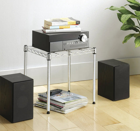 Heavy Duty Wire Shelving Unit With Metal Storage Shelves, 15x14x15 inch chromed steel shelf holding audio equipment and books