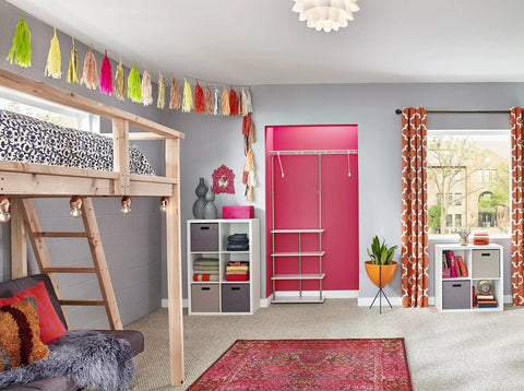 Maximizer Closet Organizer Add On Unit With Four Shelves And Double Hang Rod in a colorful bedroom setting