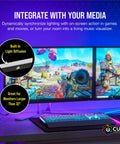 Image showcasing two 350mm iCUE LS100 Smart Lighting Strips Expansion Kit with 21 addressable LEDs each on large monitors and PC cases.