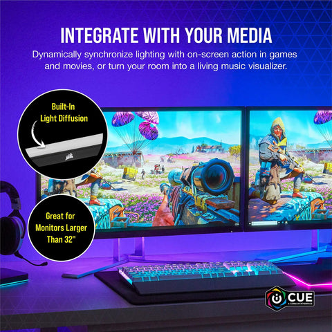 Image showcasing two 350mm iCUE LS100 Smart Lighting Strips Expansion Kit with 21 addressable LEDs each on large monitors and PC cases.