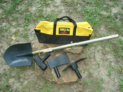 Handle All Multi Purpose Tool Workhorse with telescoping handle, full size heads, and rugged nylon gear bag on grass