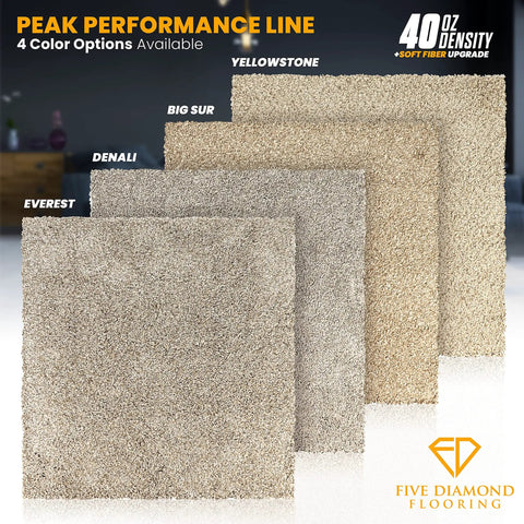 Peel And Stick Carpet Tiles With Built In Memory Foam Cushion For Ultra Comfort Easy DIY Install Soft Residential Carpet With Seamless Look Denali 10 Tiles 22.5 Square Feet, showcasing color options Everest, Big Sur, Yellowstone.