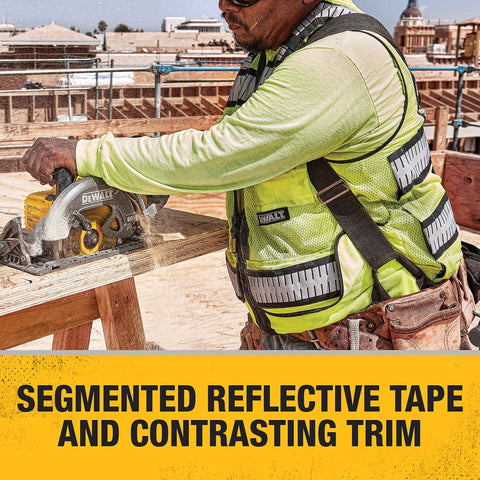 Rock Solid Class 2 High Visibility Surveyor Vest Xl Zipper Closure Hella Reflective Stripes worn during cutting wood with saw.