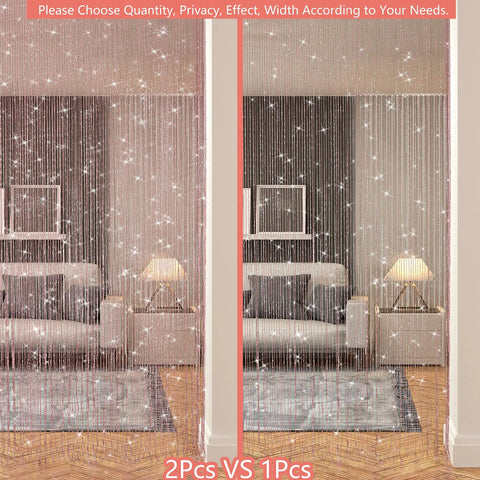 Light Pink Beaded String Curtain For Doorways With Glitter Beads Privacy Panel For Door Window Closet Laundry Room And Living Spaces 39 Inch Wide By 79 Inch High Polyester Eco Friendly Easy Hang With Hooks For Quick Setup shown in living room setting contrasting density of 2 panels versus 1 panel.