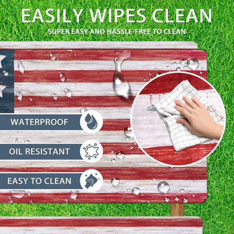 American Flag Picnic Table Cover Set With Elastic Waterproof Bench Covers For Outdoor Use showing water droplets and cleaning