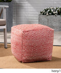 Alston Outdoor Modern Boho Pouf Ivory With Red Pattern Handcrafted Woven Concentric Diamond Design for patios or living rooms