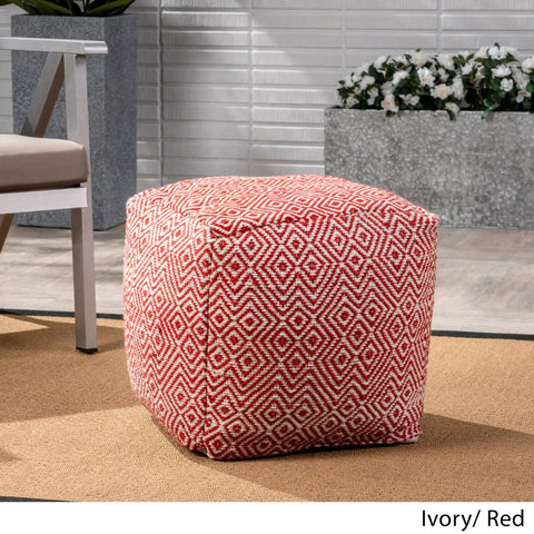 Alston Outdoor Modern Boho Pouf Ivory With Red Pattern Handcrafted Woven Concentric Diamond Design for patios or living rooms