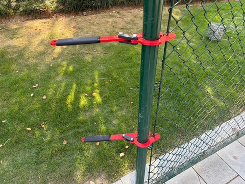 Heavy Duty Fence Stretcher Tool For Chain Link Fabric Upgraded One Person Operation Fence Puller With Nine Inch Pull Range Fits 2 3 Eighths Inch OD Posts 1 Pack Easy Hang Align And Light Tension on outdoor fence