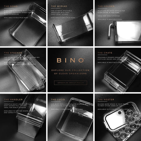 Collection of clear BINO storage organizers, including clear fridge egg container, 21 egg capacity, durable plastic with lid.