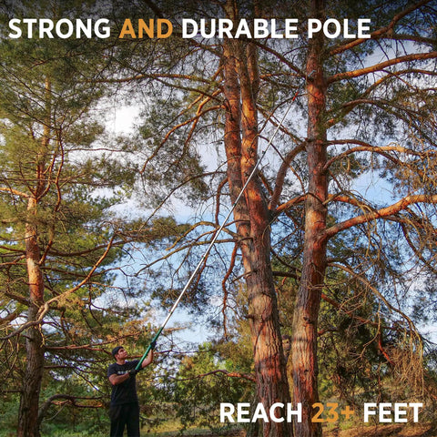 Man using 23ft Reach Tree Pruning Saw For Easy High Reach Yard Work No Ladder Needed Telescopic Manual Lightweight Extendable Pole Saw