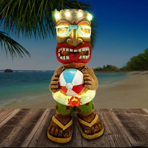 16.7 Inch Tiki Garden Statue With Solar Powered Lantern Lights, Large Hawaiian Tiki Man Figurine for Outdoor Patio Yard