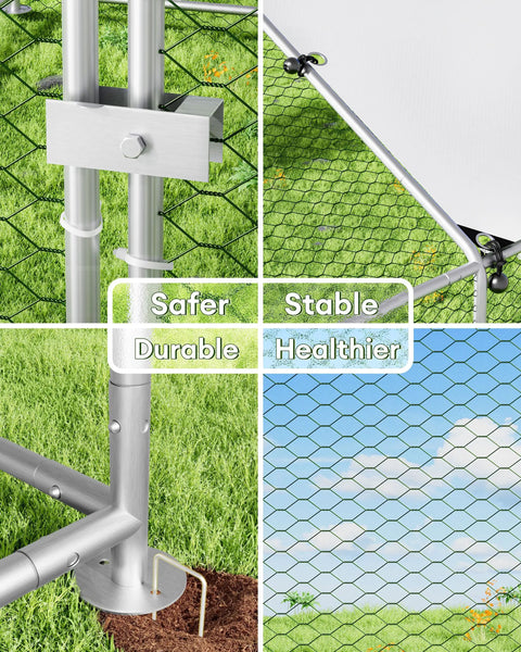 Close-up of the Beefy Metal Chicken Coop For 9 To 13 Hens Outdoor Run With Heavy Duty Frame featuring security details and wire mesh.
