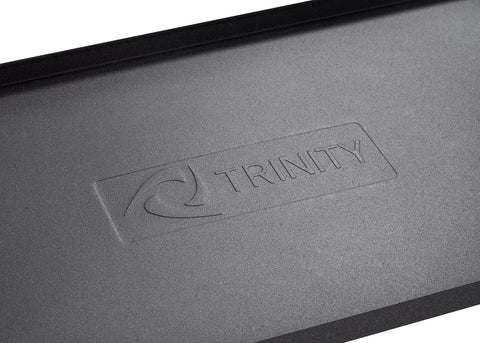 Close-up of Trinity brand stainless steel beverage cooler lid, part of Stainless Steel Beverage Cooler And Ice Chest With Wheels And Built In Bottle Opener Rolling Cart With Detachable Tub 80 Quart Capacity Party Ready For Patio Outdoor Bar And Catering