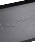 Close-up of Trinity logo on Stainless Steel Beverage Cooler On Wheels With Protective Cover, Rolling Cart With Shelf, 80 Quart Capacity.