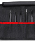 ESD Five Piece Stainless Steel Tweezers Set In Tool Roll Black Pro Grade For Electronics Repair And Assembly shown in tool roll