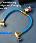 R134A Air Conditioning Refrigerant Charge Hose Kit With Pressure Gauge And One Half Inch Self Sealing Valve U Charge Hose For Car And Home Auto Air Conditioning Recharge System, blue hose with pressure gauge on gray background.