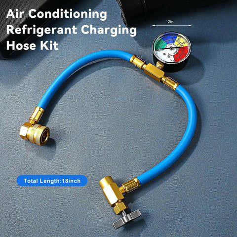 R134A Air Conditioning Refrigerant Charge Hose Kit With Pressure Gauge And One Half Inch Self Sealing Valve U Charge Hose For Car And Home Auto Air Conditioning Recharge System, blue hose with pressure gauge on gray background.