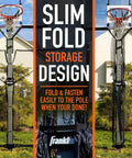 XL Defender Pro Basketball Rebounder Net For Outdoor Driveway Hoops, Quick Setup Easy Fold Design, shown folded on pole