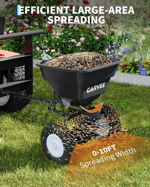 Tow Behind Lawn Broadcast Spreader With Universal Hitch 85 Lb Poly Hopper spreading seed with 10in pneumatic tires