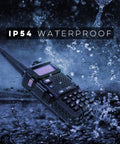 High-Power Tri-Band Ham Radio Handheld With USB-C Charging, VHF UHF 1.25M Support, showing IP54 waterproof feature in water splash