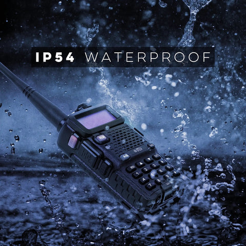 High-Power Tri-Band Ham Radio Handheld With USB-C Charging, VHF UHF 1.25M Support, showing IP54 waterproof feature in water splash
