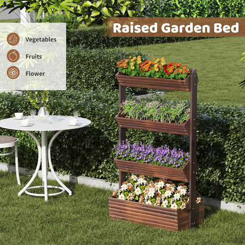 Wooden Raised Garden Bed Vertical Planter Box in garden, four-tier carbonized design with flowers, freestanding plant stand for outdoor use