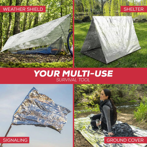 Emergency Blanket 100 Pack Reflective Thermal Mylar Blankets used as weather shield, shelter, signaling, and ground cover.